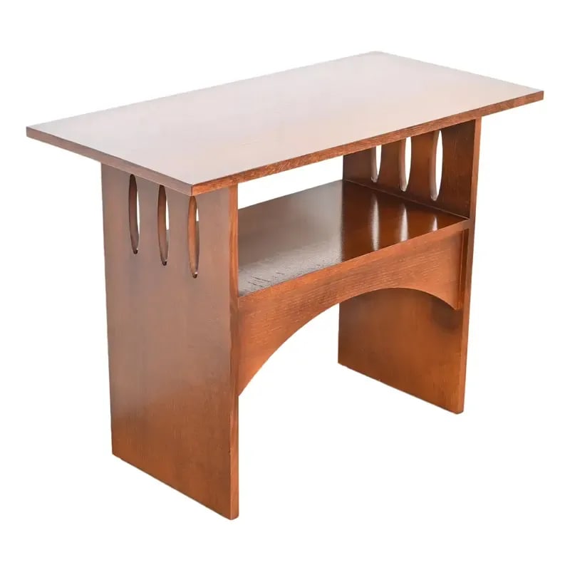 Limbert Style Mission Oak Arts & Crafts Two-Tier Console or Occasional Side Table: A beautiful Mission oak Arts & Crafts console table or occasional side table In the manner of Charles P. Limbert Co. USA, Circa Late 20th Century Measures: 36"W x 18"D x 27.25"H. Very good original vi