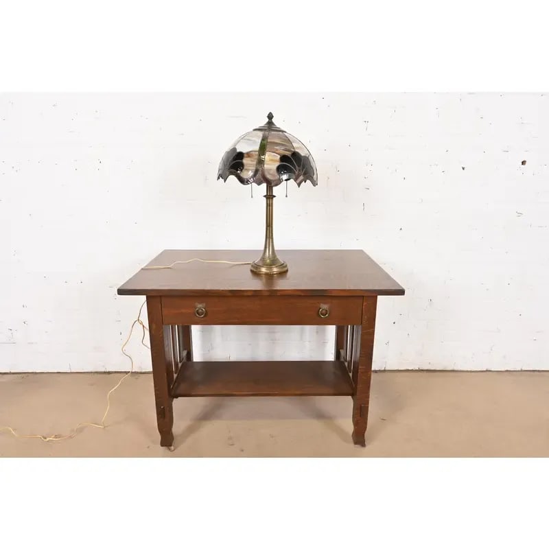 Tiffany Studios Style Arts & Crafts Bronze Table Lamp With Stained Glass Shade, Circa 1930s - 11