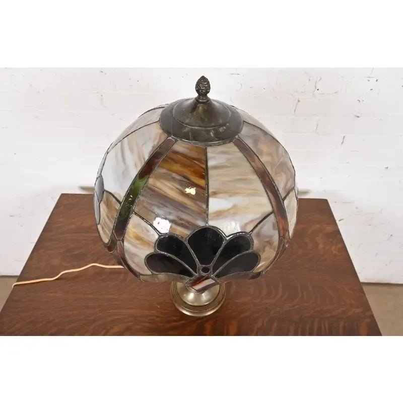 Tiffany Studios Style Arts & Crafts Bronze Table Lamp With Stained Glass Shade, Circa 1930s - 4