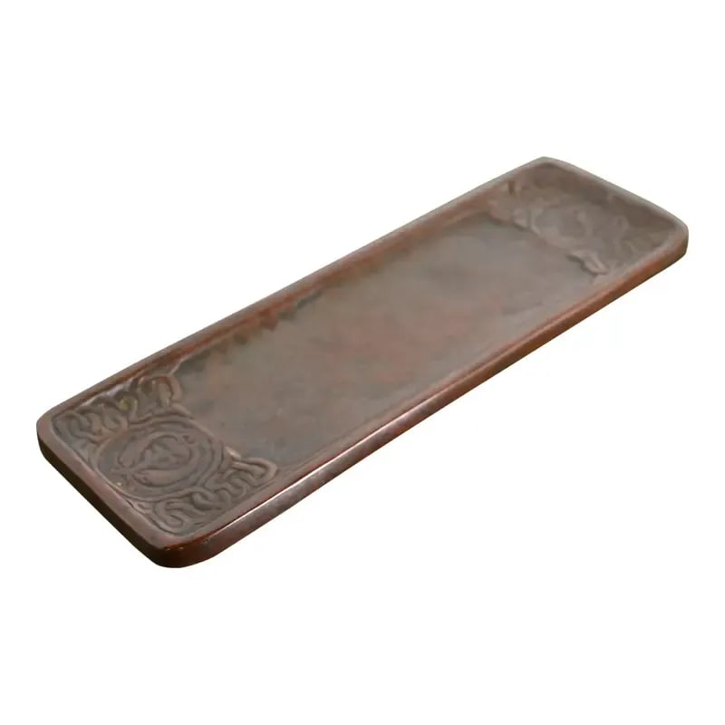 Tiffany Studios New York Zodiac Pattern Bronze Pen Tray: A gorgeous antique Arts & Crafts or Art Deco period bronze Zodiac pattern pen tray By Tiffany Studios (signed to the underside) New York, USA, Early 20th Century Measures: 10"W x 3.13"D x 0.38"H Good