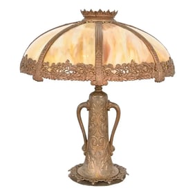 Antique Art Nouveau Slag Glass Table Lamp in the Manner of Handel, Circa 1920s