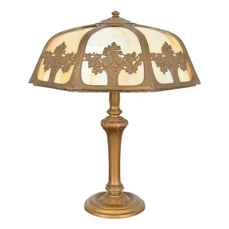 Antique Art Nouveau Slag Glass Table Lamp Attributed to Handel, Circa 1920s: An exceptional antique Art Nouveau period table lamp with gorgeous eight-panel curved caramel slag glass shade Attributed to Handel USA, Circa 1920s Measures: 20"W x 20"D x 23.25"H. Shade measures: 20