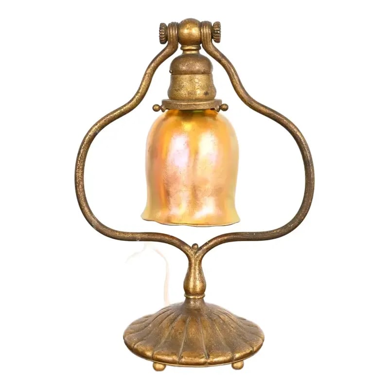 Tiffany Studios New York Bronze Doré Harp Favrile Iridescent Art Glass Desk Lamp (1 of 12)