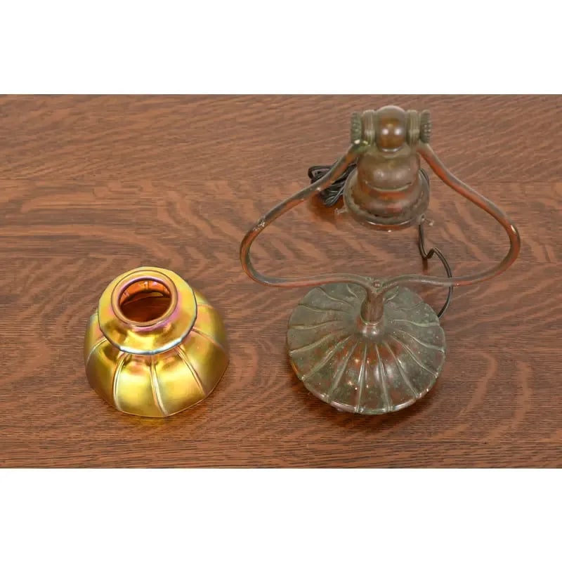 Tiffany Studios New York Bronze Harp Favrile Iridescent Art Glass Desk Lamp - 10