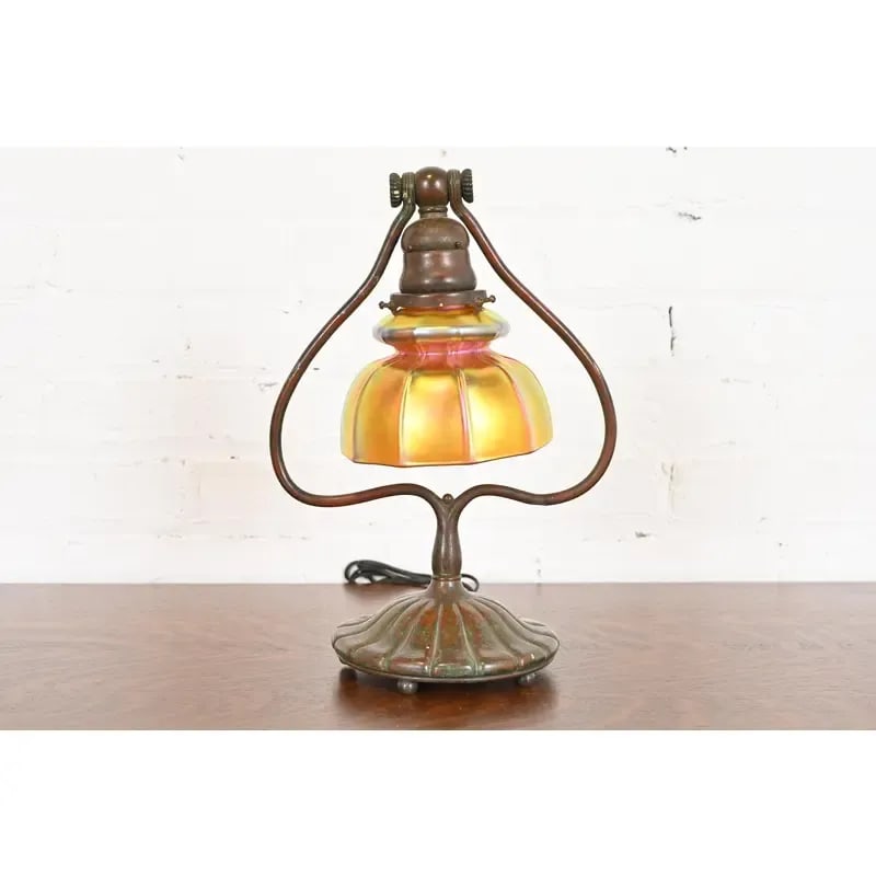 Tiffany Studios New York Bronze Harp Favrile Iridescent Art Glass Desk Lamp - 12