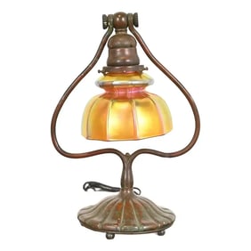 Tiffany Studios New York Bronze Harp Favrile Iridescent Art Glass Desk Lamp