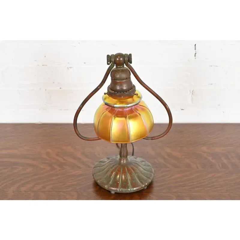 Tiffany Studios New York Bronze Harp Favrile Iridescent Art Glass Desk Lamp - 2