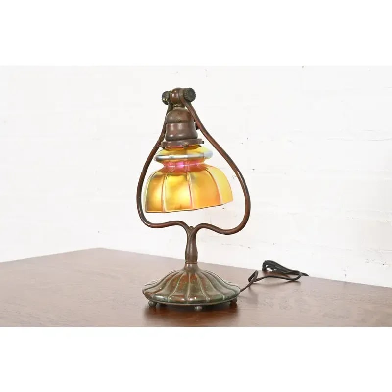 Tiffany Studios New York Bronze Harp Favrile Iridescent Art Glass Desk Lamp - 3