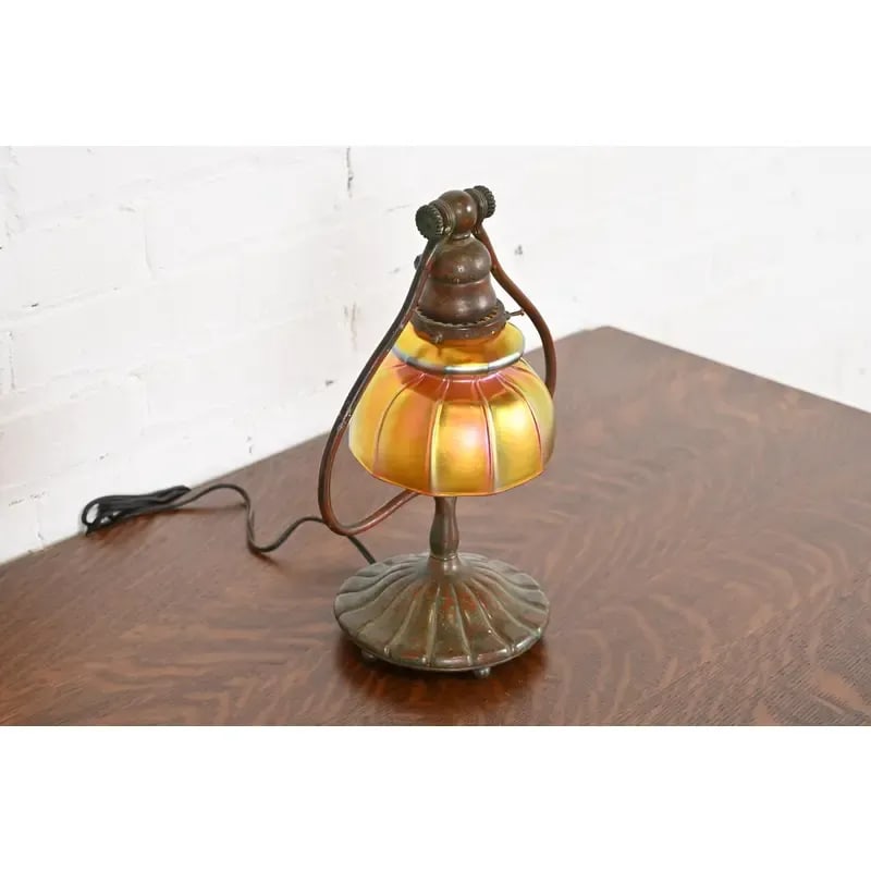 Tiffany Studios New York Bronze Harp Favrile Iridescent Art Glass Desk Lamp - 4