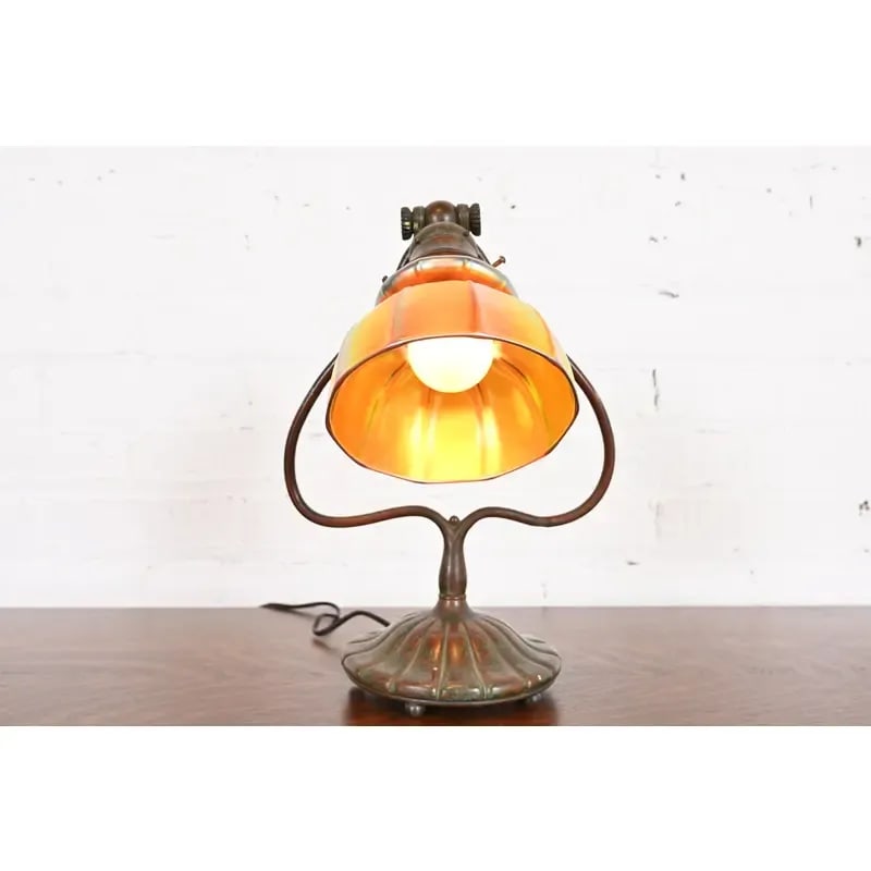 Tiffany Studios New York Bronze Harp Favrile Iridescent Art Glass Desk Lamp - 5
