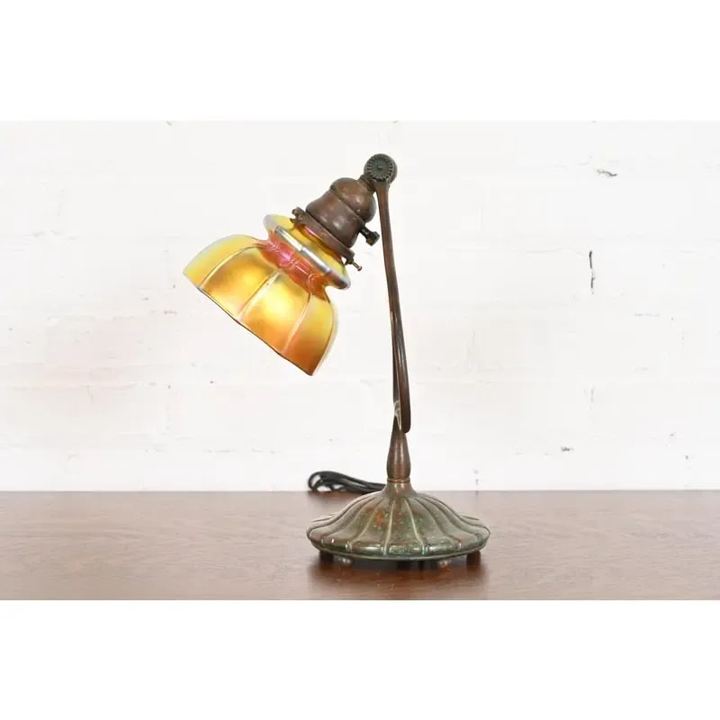 Tiffany Studios New York Bronze Harp Favrile Iridescent Art Glass Desk Lamp - 6