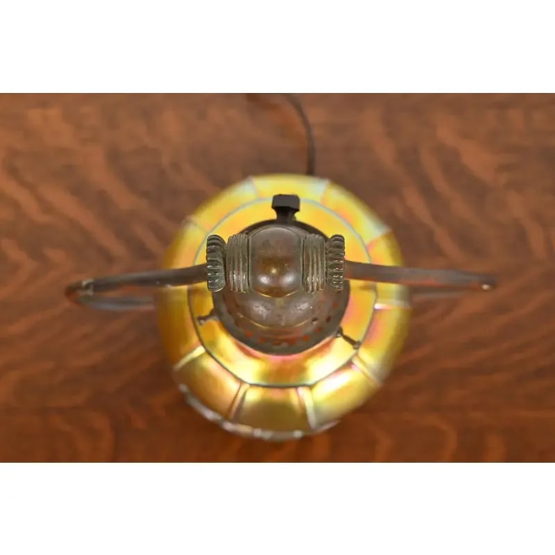 Tiffany Studios New York Bronze Harp Favrile Iridescent Art Glass Desk Lamp - 7