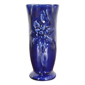 Van Briggle Arts & Crafts Ming Blue Glazed Ceramic Vase With Floral Motif