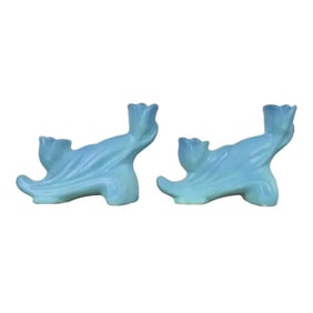 Van Briggle Arts & Crafts Turquoise Glazed Ceramic Candlesticks, Pair