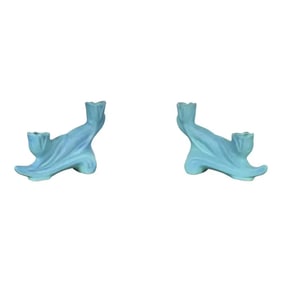Van Briggle Arts & Crafts Turquoise Glazed Ceramic Candlesticks, Pair