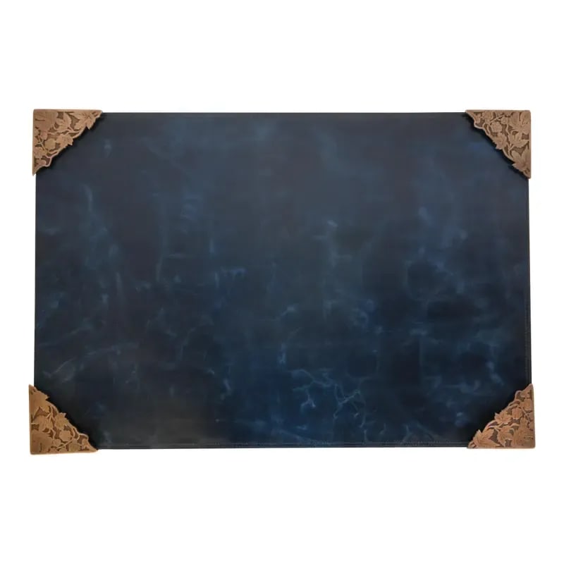 Marshall Field & Co. Antique Floral Ivy Bronze Blotter Corners With Leather Desk Blotter, Circa 1910: A gorgeous set of four Art Deco or Arts & Crafts period floral ivy bronze blotter corners, with a custom blue leather desk blotter. In the manner of Tiffany Studios By Marshall Field & Co. (blotter co