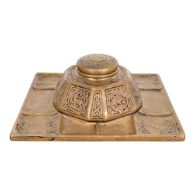 Tiffany Studios New York Zodiac Bronze Partner's Inkwell With Desk Tray
