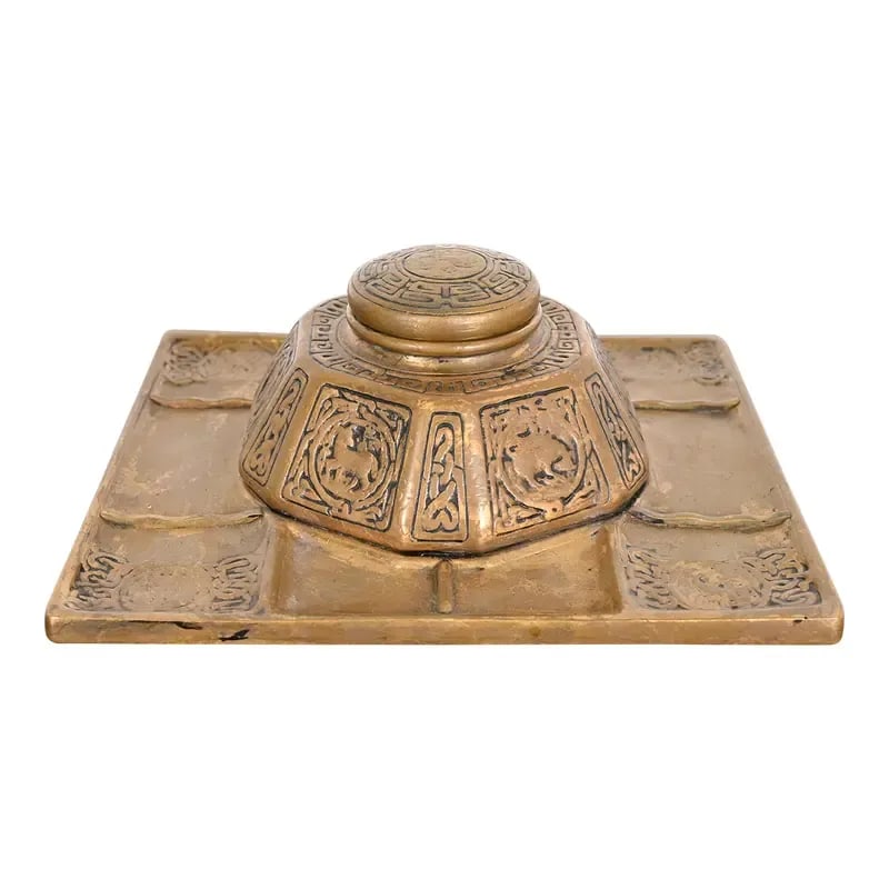 Tiffany Studios New York Zodiac Bronze Partner's Inkwell With Desk Tray: A gorgeous antique Arts & Crafts or Art Deco period bronze partner's inkwell with desk tray featuring the iconic Zodiac pattern. By Tiffany Studios (signed to the underside) New York, USA, Early 20th