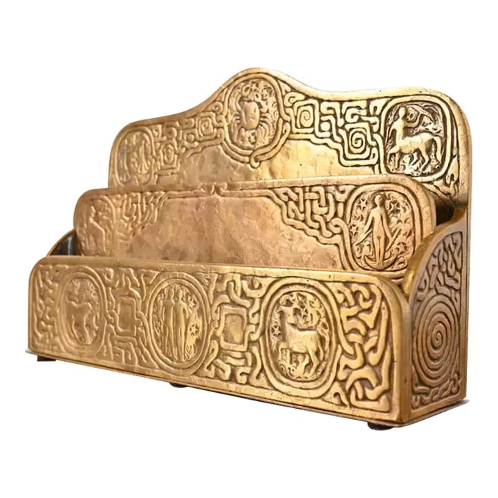 Tiffany Studios New York Zodiac Pattern Bronze Doré Letter Rack: A gorgeous antique Arts & Crafts or Art Deco period gilt bronze "Zodiac" pattern desk letter holder rack By Tiffany Studios (signed to the underside) New York, USA, Early 20th Century Measures: 9.38"W