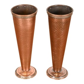 Joseph Heinrichs Style Arts and Crafts Hand Hammered Copper Vases, Pair