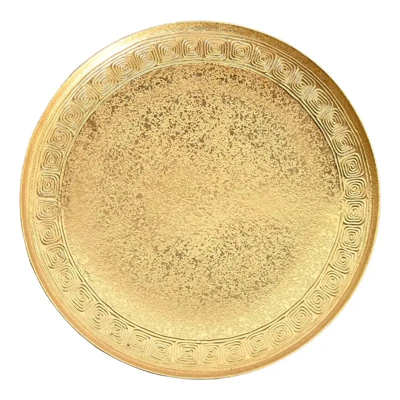 Tiffany Studios New York Bronze Doré Plate With Greek Key Design: A gorgeous Arts & Crafts or Art Deco period gilt bronze charger plate or serving tray with Greek Key design By Tiffany Studios (signed to the underside) New York, USA, Early 20th Century Measures: 8"W