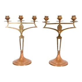 Antique Swedish Art Nouveau Brass and Copper Two-Arm Candelabras, Pair