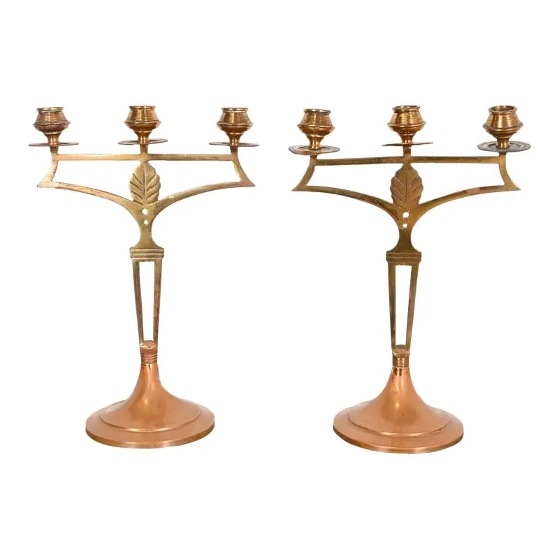 Antique Swedish Art Nouveau Brass and Copper Two-Arm Candelabras, Pair: A gorgeous pair of antique Swedish Art Nouveau brass and copper three-light candelabras Sweden, Circa Early 20th Century Each measures: 10.5"W x 6.25"D x 15.38"H. Good original vintage condition. Pair