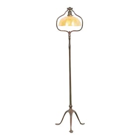 Tiffany Studios New York Bronze Harp Floor Lamp With Damascene Favrile Glass Shade