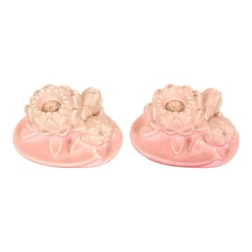 Rookwood Pottery Art Nouveau Glazed Ceramic Pink Lotus Flower Bookends, 1930
