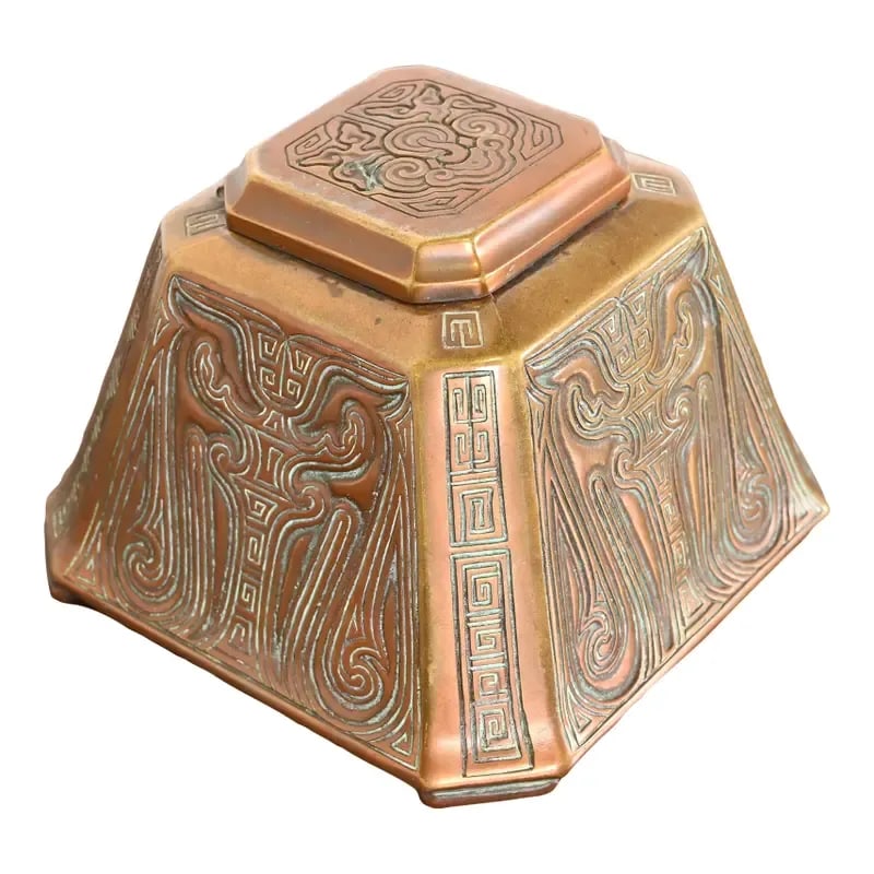 Tiffany Studios New York Chinese Pattern Large Bronze Inkwell, Circa 1910 (1 of 12)