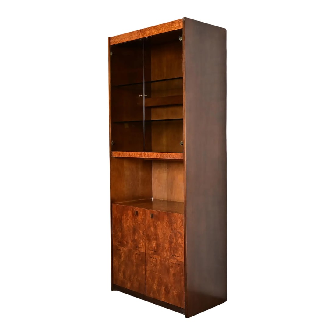 Jack Cartwright for Founders Burl Wood Lighted Bookcase or Bar Cabinet, Circa 1970s (1 of 11)