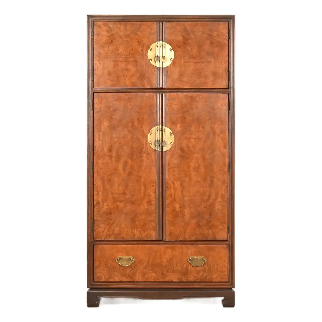 Drexel Heritage Hollywood Regency Chinoiserie Burl Wood Armoire Dresser or Bar Cabinet, Circa 1970s: A stunning mid-century modern Hollywood Regency Chinoiserie armoire dresser, linen press, or bar cabinet By Drexel Heritage USA, Circa 1970s Carved walnut and burl wood, with original Asian-inspired b