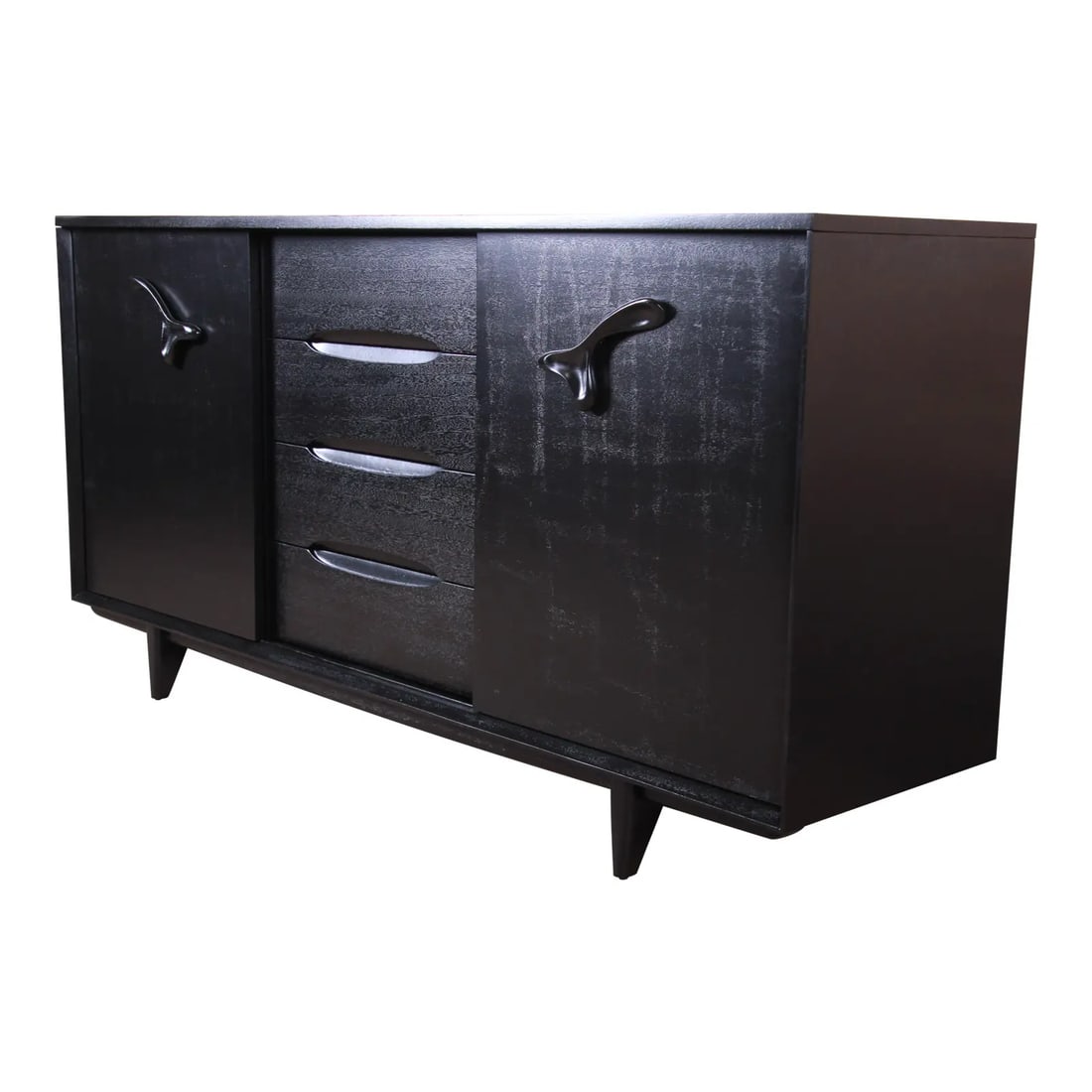 Paul Laszlo for Brown Saltman Ebonized "Treasure Chest" 21-Drawer Dresser or Credenza: A rare and exceptional mid-century modern ebonized mahogany 21-drawer "Treasure Chest" long dresser or credenza By Paul Laszlo for Brown Saltman USA, 1950s Measures: 74"W x 20"D x 36.88"H. Newly refin