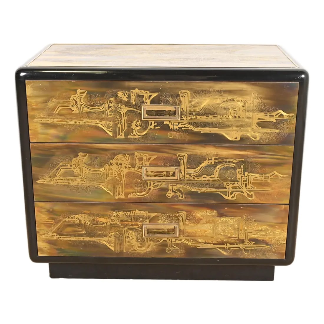 Bernhard Rohne for Mastercraft Acid Etched Brass Chest of Drawers, 1970s: A gorgeous Mid-Century Modern Hollywood Regency chest of drawers By Bernhard Rohne for Mastercraft Furniture USA, 1970s Acid etched brass, with black lacquered trim, and original brass hardware. Measu
