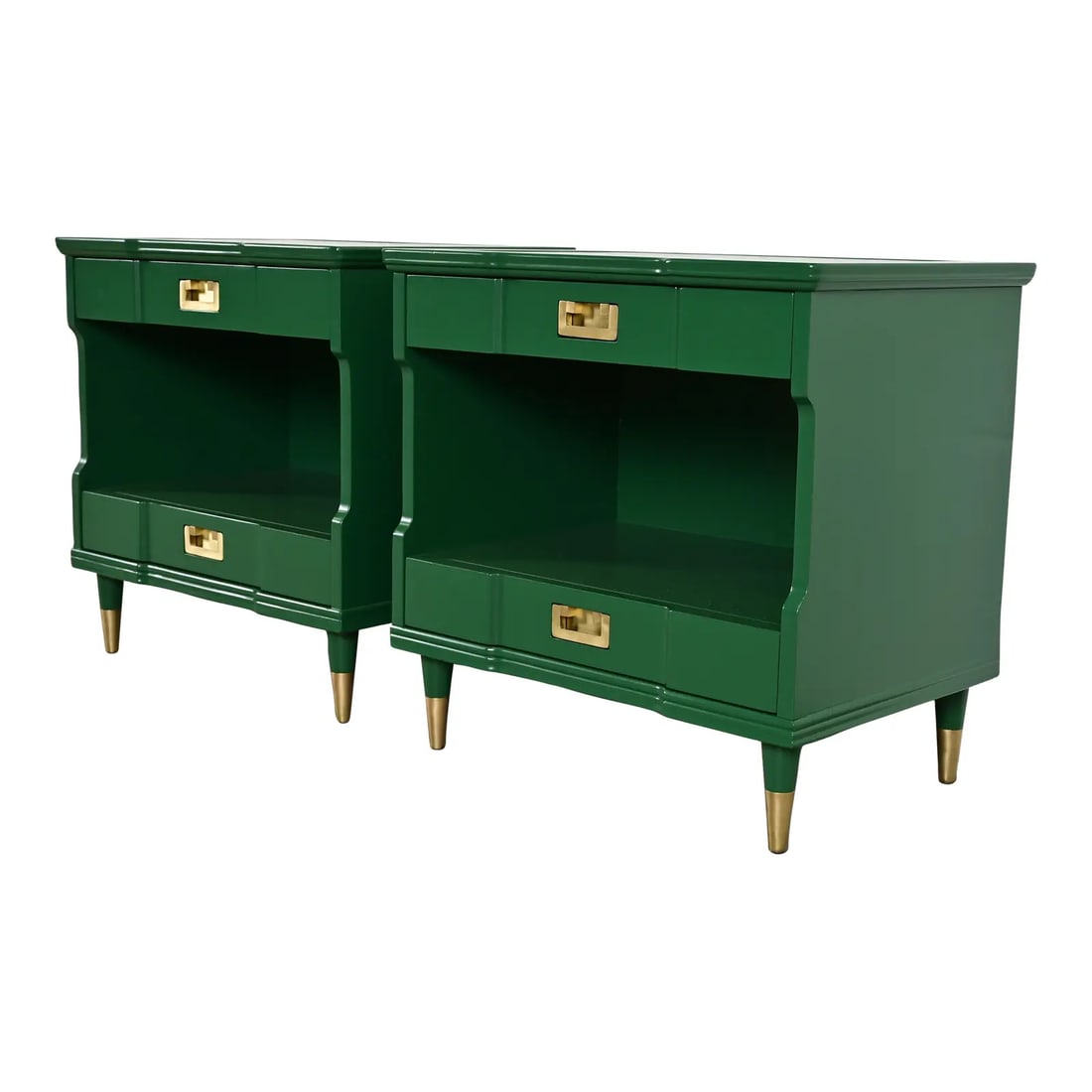 John Widdicomb Mid-Century Modern Hollywood Regency Green Lacquered Nightstands, Newly Refinished: An exceptional pair of mid-century modern Hollywood Regency Campaign style nightstands By John Widdicomb USA, Circa 1960s Green lacquered solid cherry wood, with original brass hardware and brass-capp