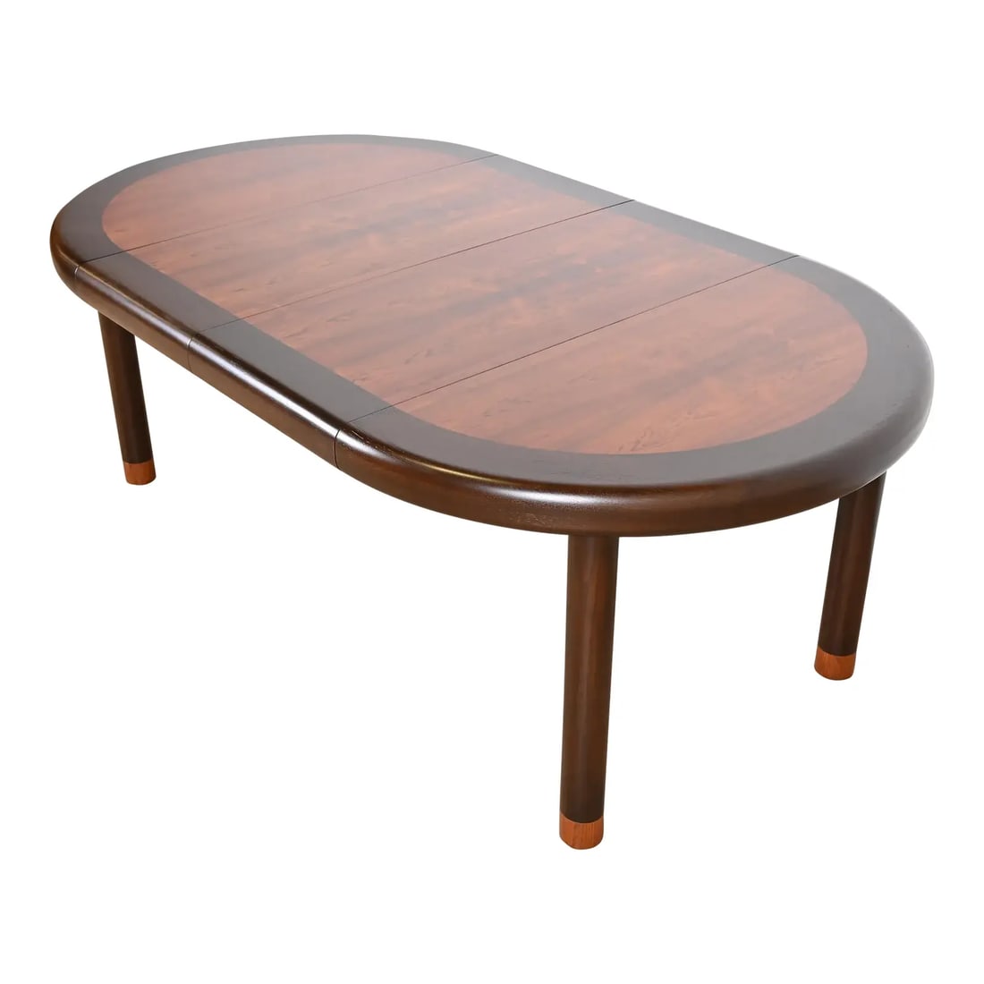 Dunbar Mid-Century Modern Banded Rosewood Extension Dining Table, Newly Refinished: An exceptional Mid-Century Modern extension dining table or game table By Dunbar USA, 1970s Gorgeous book-matched rosewood top, with stained oak banding and legs. Measures 45"W x 45"D x 28.5"H. Extend