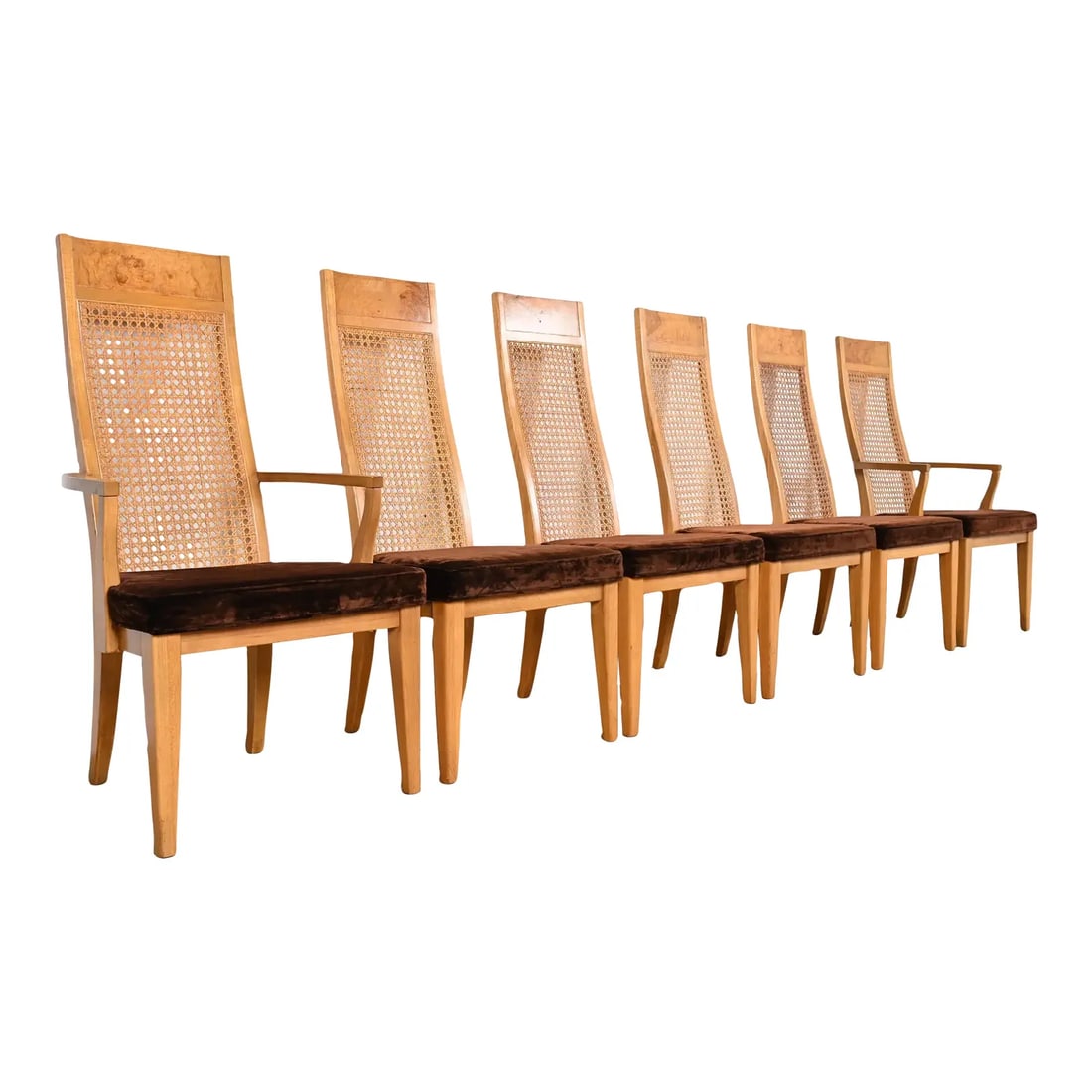 Milo Baughman Style Mid-Century Modern Burl Wood and Cane Dining Chairs by Lane, 1970s: A gorgeous set of six Milo Baughman style Mid-Century Modern dining chairs By Lane Furniture USA, 1970s Ash and burl wood frames, with caned backs and brown velvet upholstered seats. Measures: Side ch