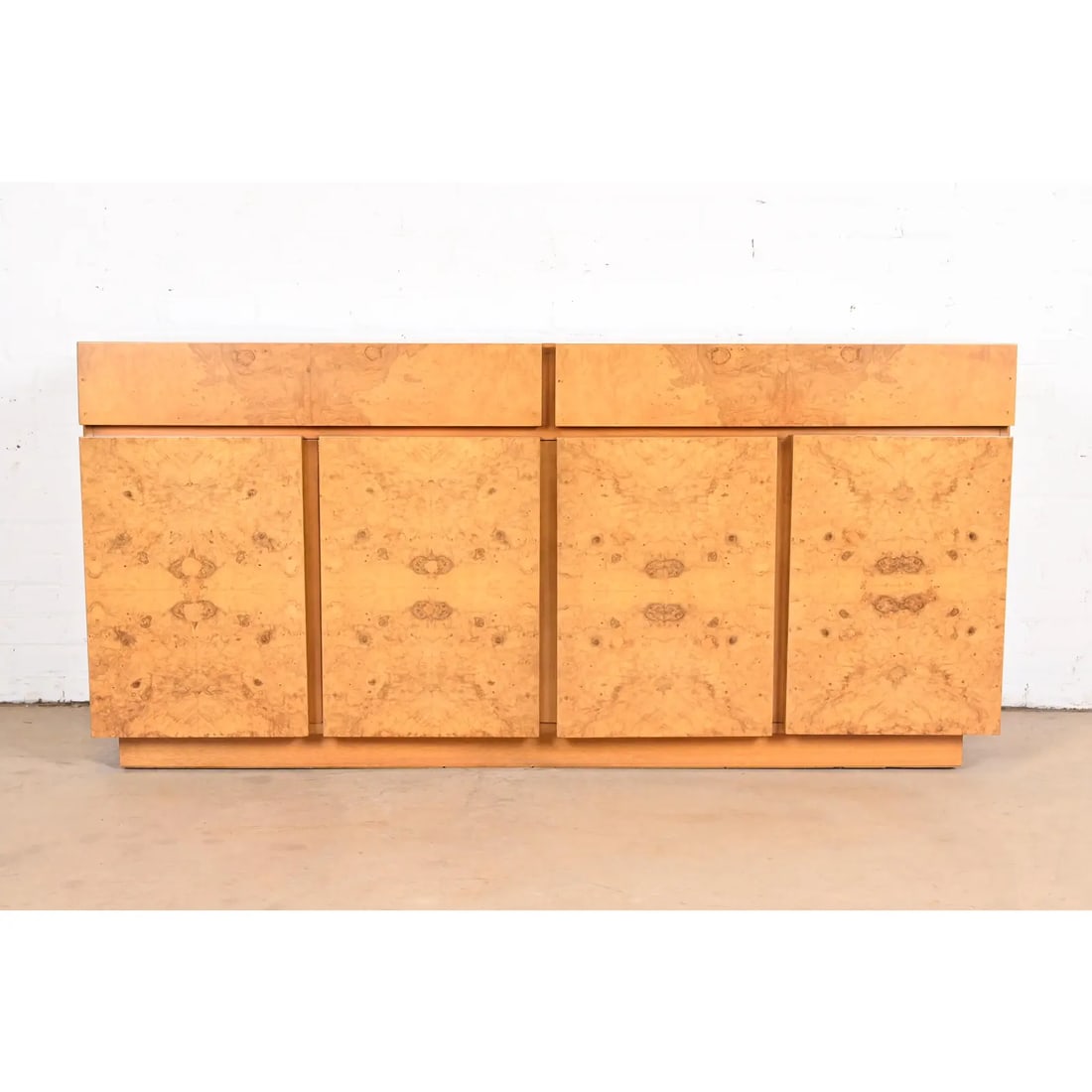 Milo Baughman Style Burl Wood Sideboard, Credenza, or Bar Cabinet, Newly Refinished - 12