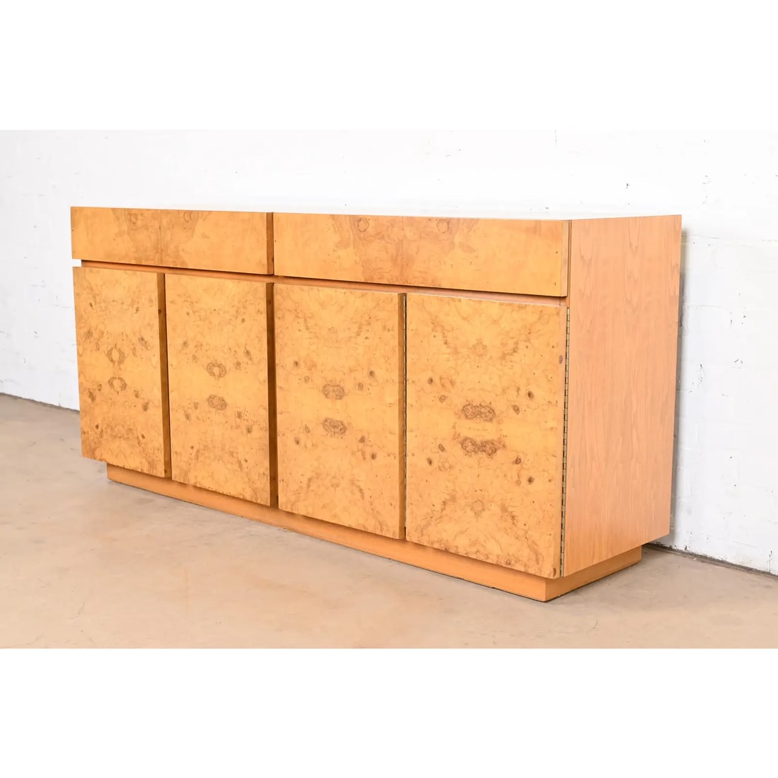Milo Baughman Style Burl Wood Sideboard, Credenza, or Bar Cabinet, Newly Refinished - 2