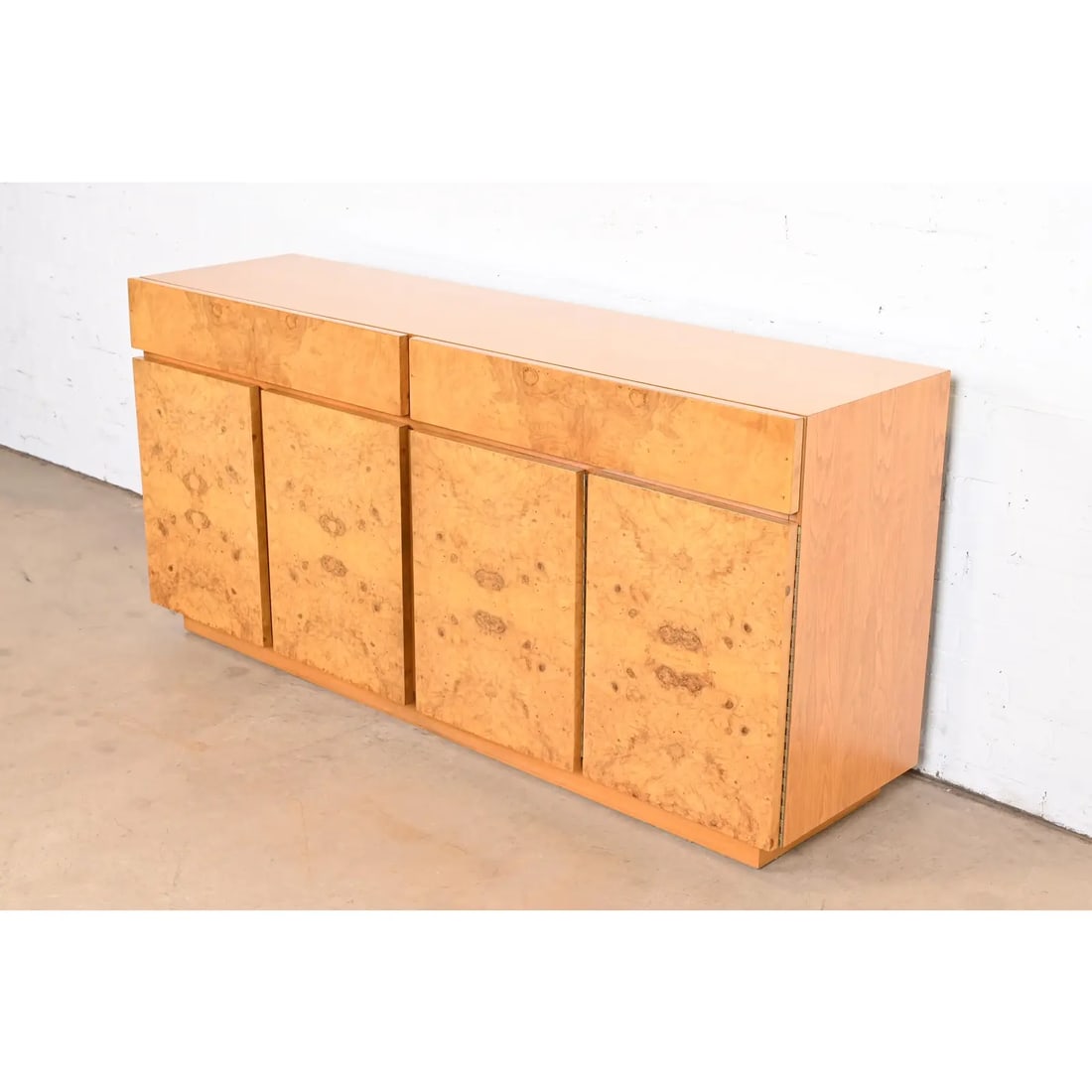 Milo Baughman Style Burl Wood Sideboard, Credenza, or Bar Cabinet, Newly Refinished - 3