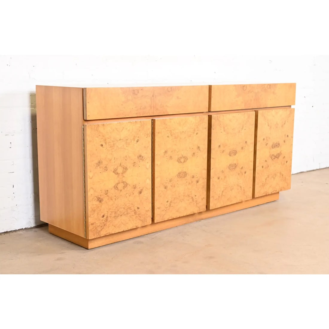 Milo Baughman Style Burl Wood Sideboard, Credenza, or Bar Cabinet, Newly Refinished - 4