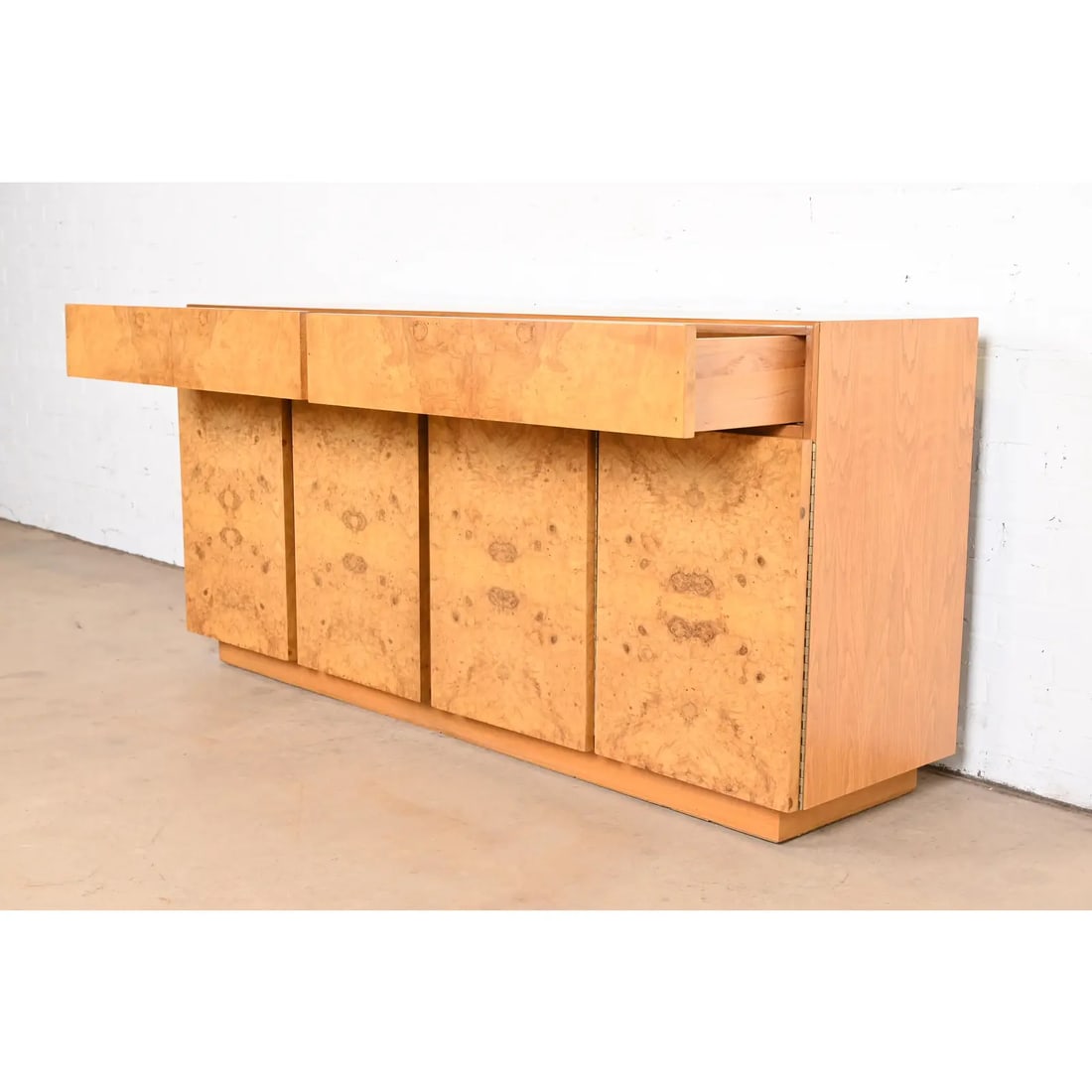 Milo Baughman Style Burl Wood Sideboard, Credenza, or Bar Cabinet, Newly Refinished - 7