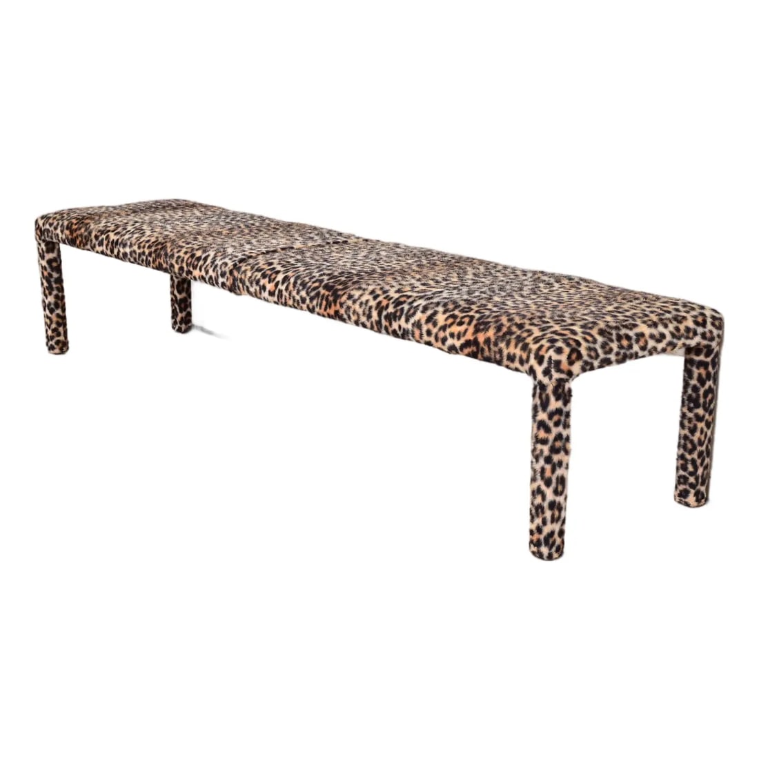 Milo Baughman Style Mid-Century Modern Parsons Leopard Print Upholstered Long Bench, Circa 1970s (1 of 7)