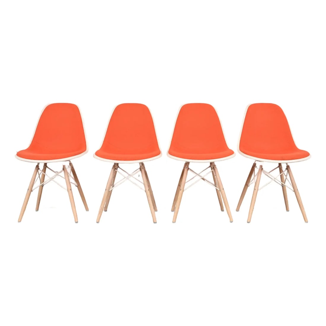 Charles & Ray Eames for Herman Miller DSW Shell Side Chairs, Set of Four: An outstanding and iconic set of four Eames "DSW" shell side chairs, office chairs, or dining chairs By Charles & Ray Eames for Herman Miller USA, Early 21st Century Orange molded upholstered shell, w