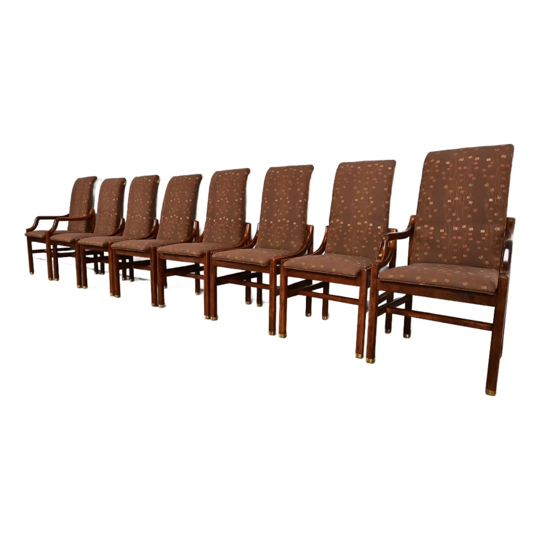 Henredon Mid-Century Modern Sculpted Oak High Back Dining Chairs, Set of Eight: A gorgeous set of eight Mid-Century Modern high back dining chairs By Henredon USA, Circa 1970s Solid carved oak frames, with brass-capped feet and upholstered seats and backs. Measures: Side Chairs: