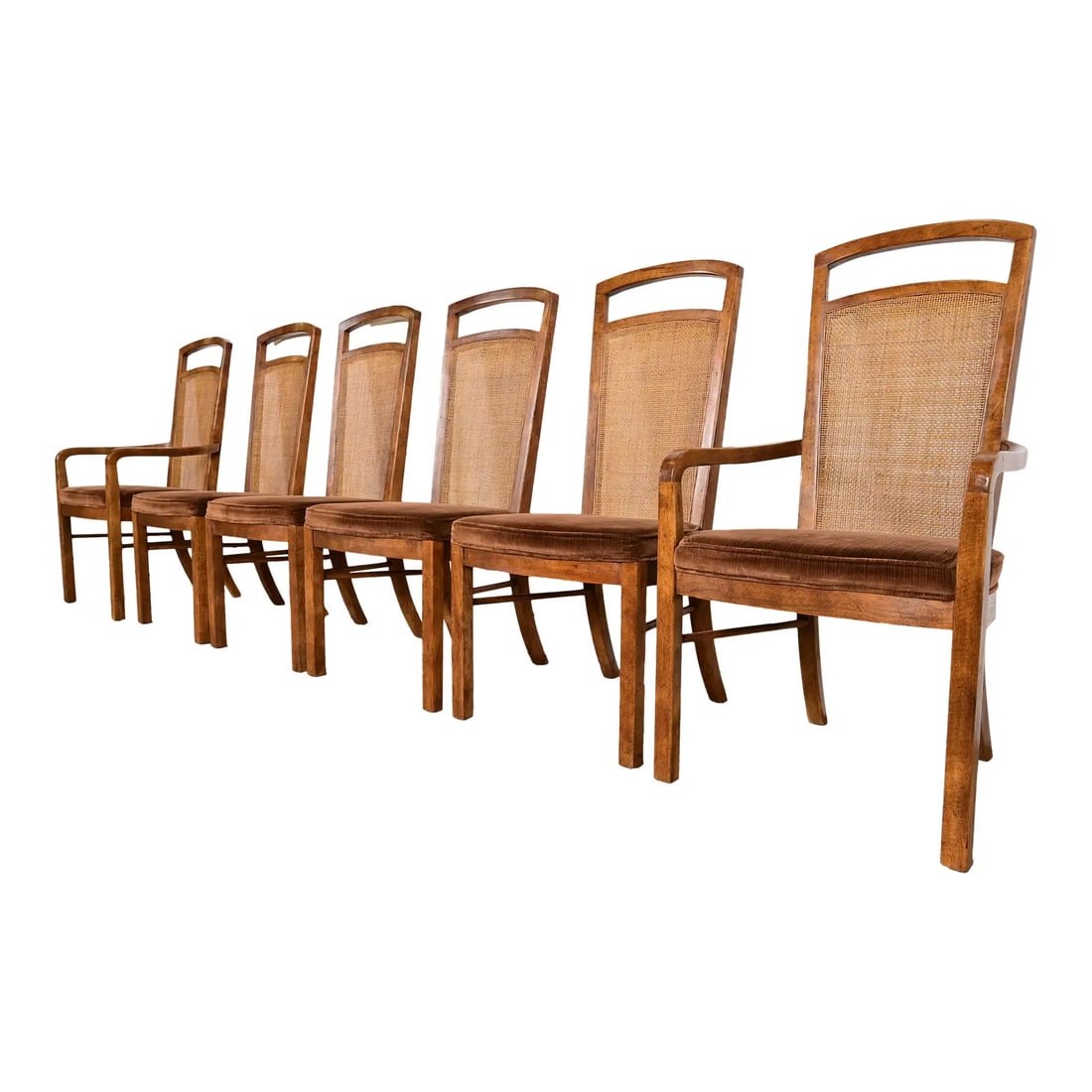 Drexel Heritage Mid-Century Modern Walnut and Cane High Back Dining Chairs, Set of Six: A gorgeous set of six of Mid-Century Modern high back dining chairs By Drexel Heritage USA, Circa 1970s Walnut frames, with cane backs and upholstered seats. Measures: Side chairs - 21"W x 21.5"D x 42