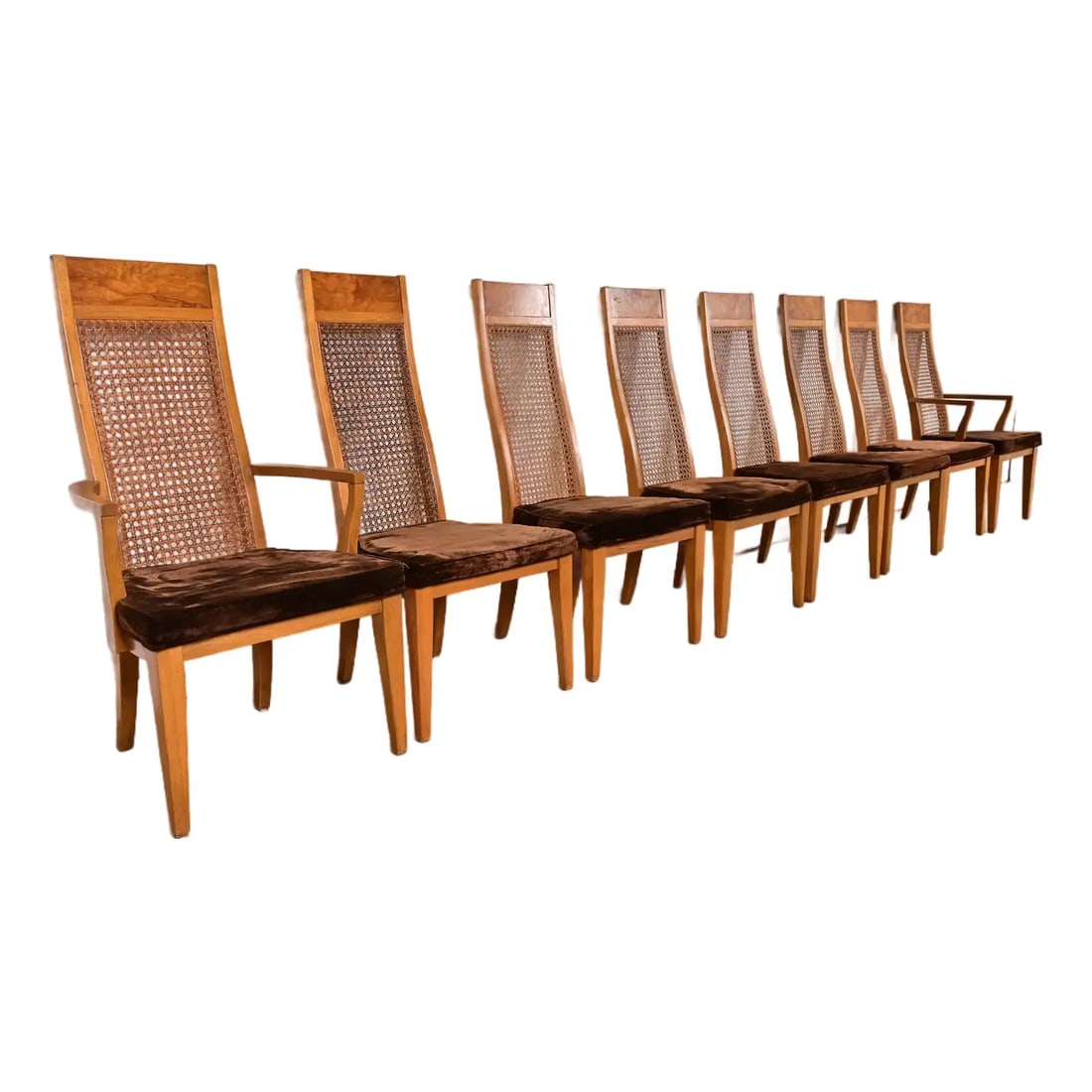 Milo Baughman Style Mid-Century Modern Burl Wood and Cane High Back Dining Chairs by Lane: A gorgeous set of eight Milo Baughman style Mid-Century Modern high back dining chairs By Lane Furniture USA, 1970s Ash and burl wood frames, with caned backs and brown velvet upholstered seats. Measu