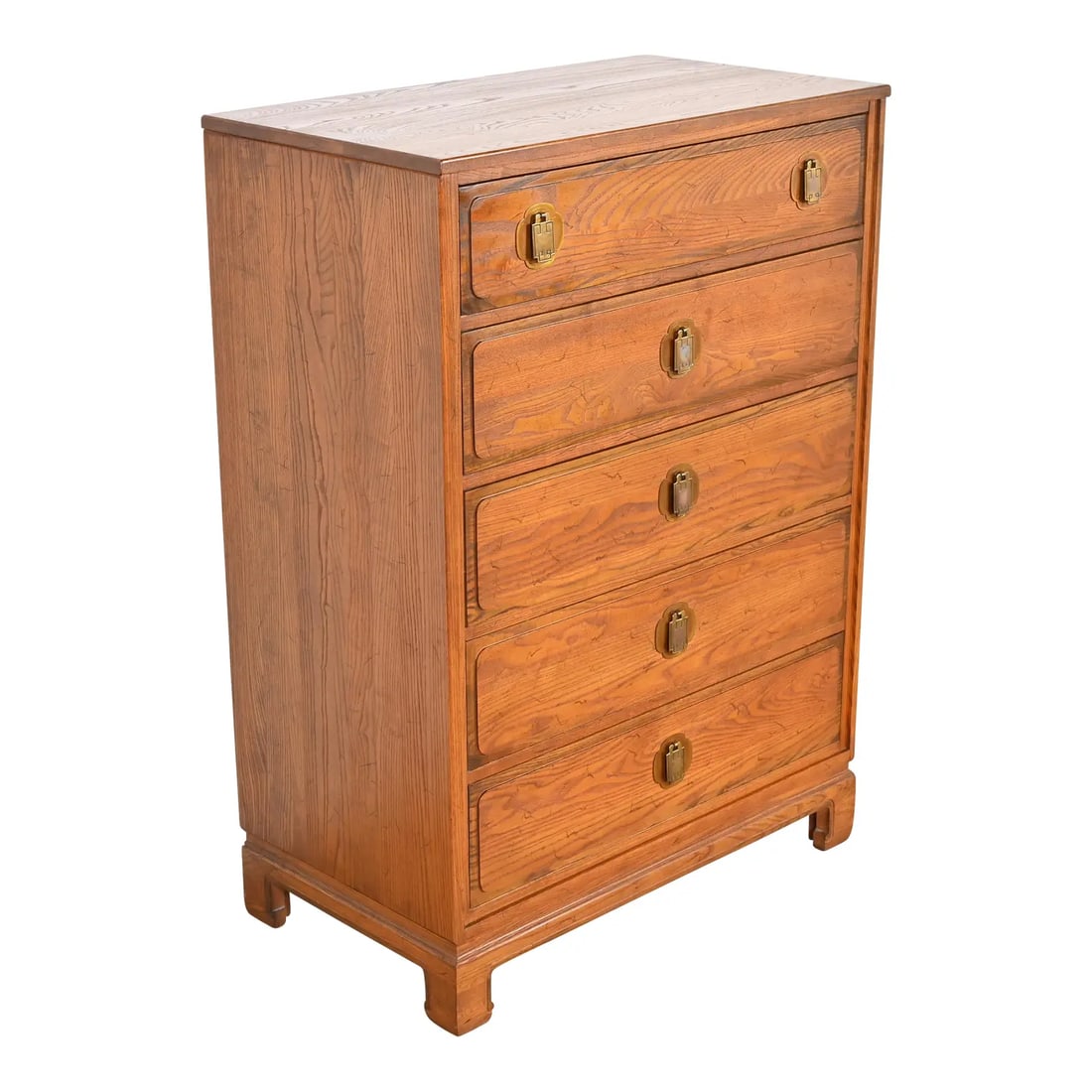 Davis Cabinet Company Mid-Century Modern Hollywood Regency Chinoiserie Oak Highboy Dresser: A gorgeous Mid-Century Modern Hollywood Regency Chinoiserie style highboy dresser or lingerie chest By Davis Cabinet Company USA, Circa 1960s Carved oak, with original Asian inspired brass hardware. M