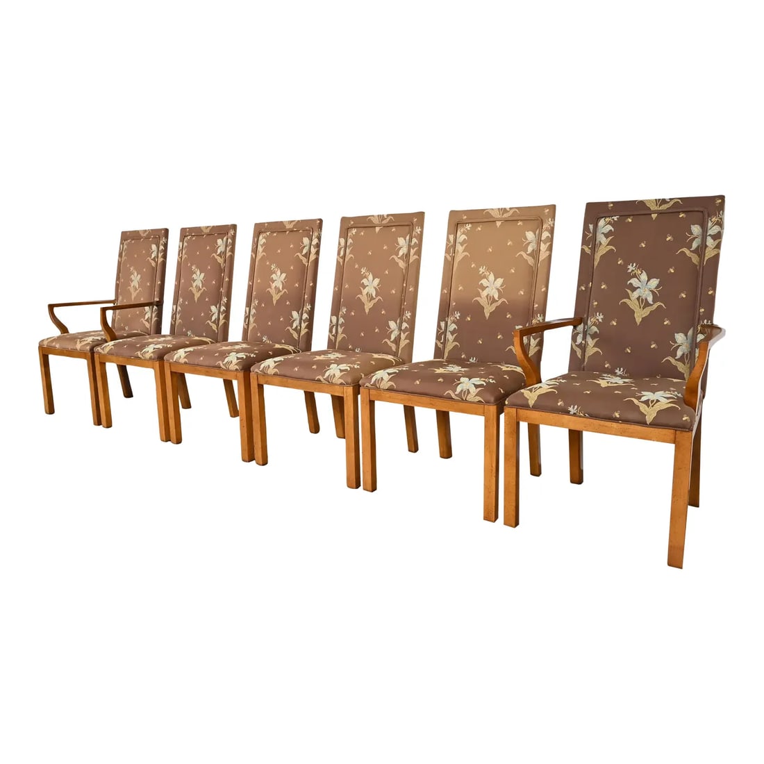 Michael Taylor for Baker Furniture Far East Collection Parsons Dining Chairs, Set of Six: A gorgeous set of six mid-century Hollywood Regency Chinoiserie Parsons style dining chairs By Michael Taylor for Baker Furniture, "Far East Collection" USA, Circa 1950s Walnut frames, with floral pat