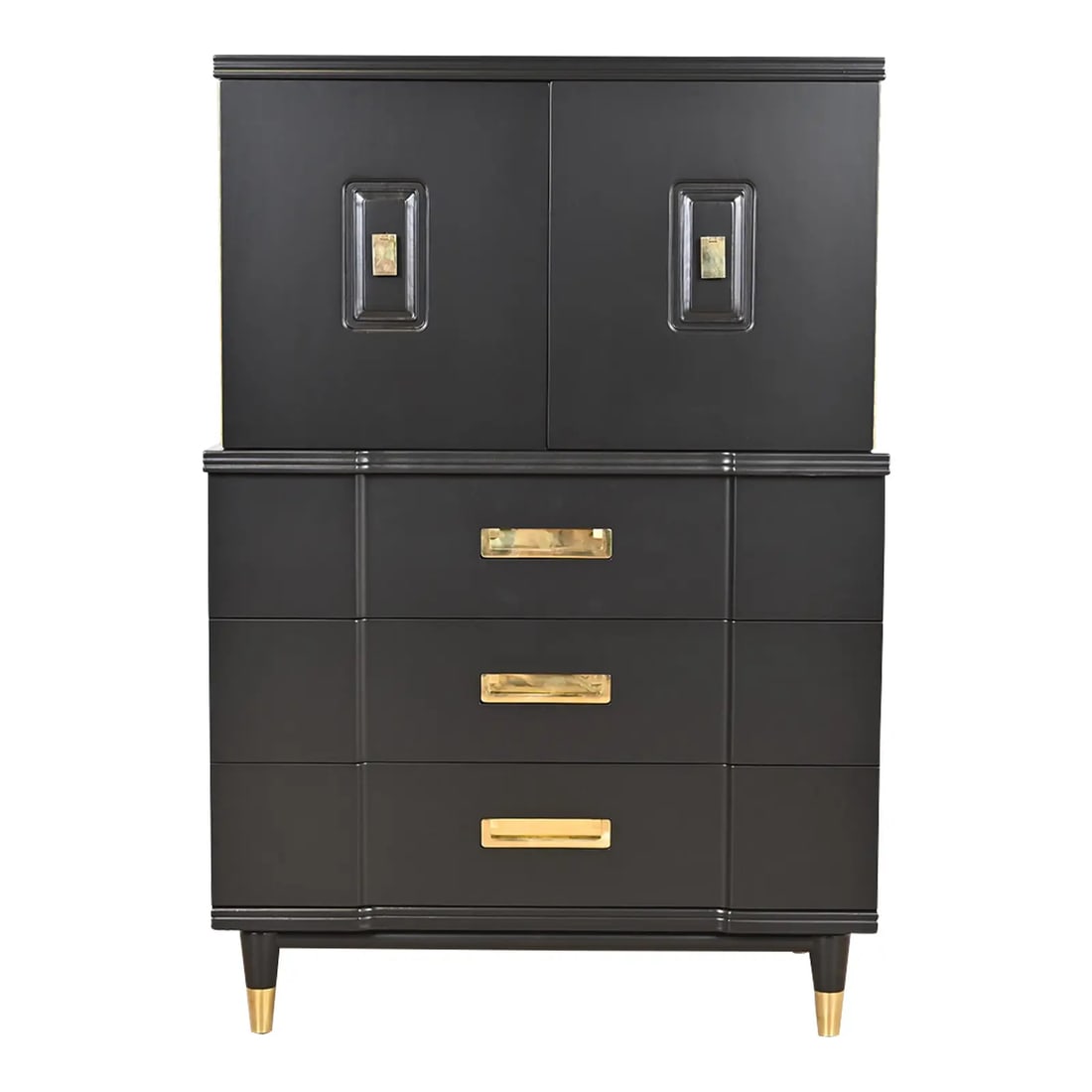 John Widdicomb Hollywood Regency Campaign Black Lacquered Gentleman's Chest, Newly Refinished: An exceptional Mid-Century Modern Hollywood Regency or Campaign style highboy dresser or gentleman's chest By John Widdicomb USA, 1950s Black lacquered solid cherry wood, with original brass hardware